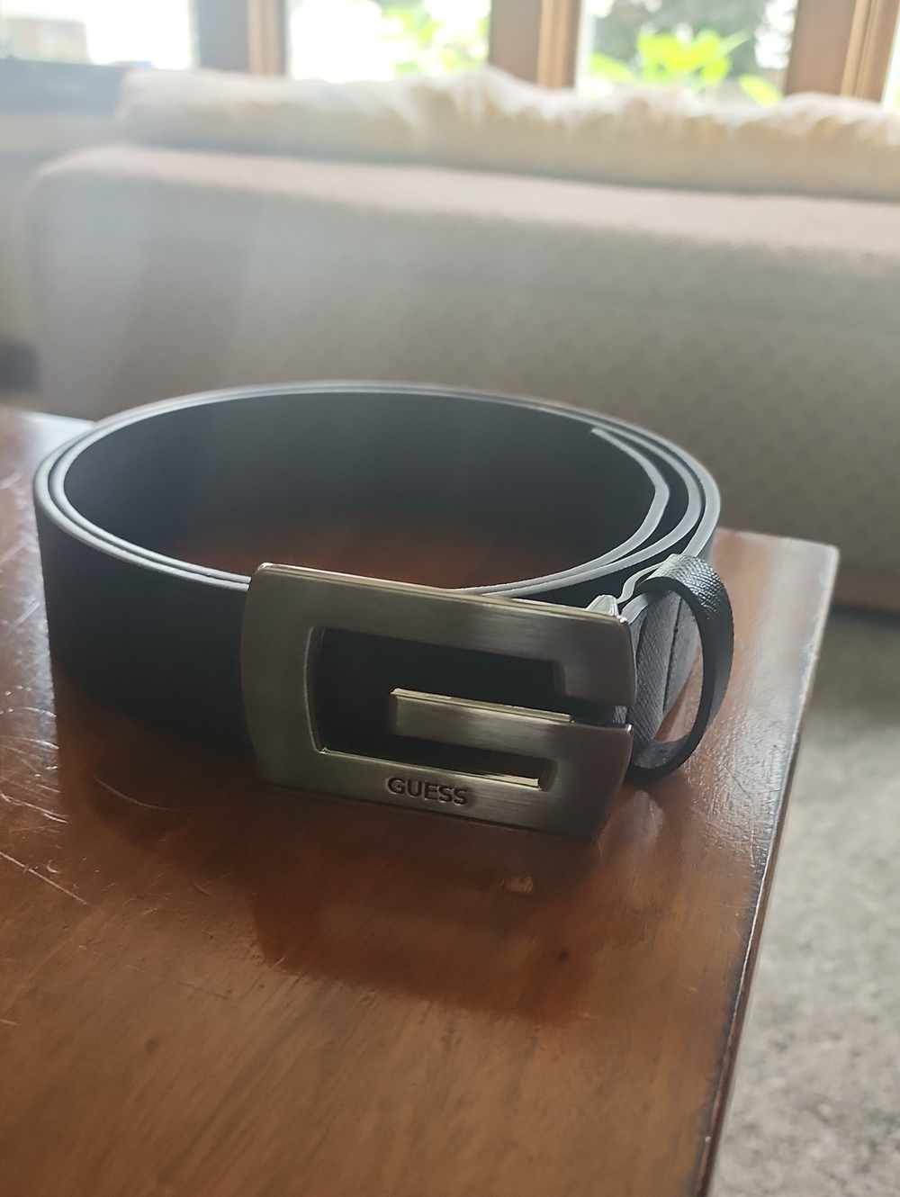 Guess Black Leather Belt with Brushed Silver G Buckle